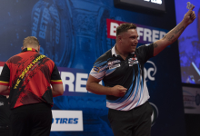 Gerwyn Price and Dimitri Van den Bergh on stage at the 2021 Betfred World Matchplay