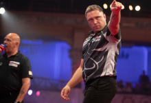 Gerwyn Price celebrates at the 2022 Betfred World Matchplay