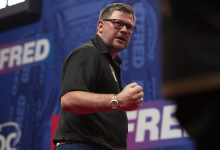 James Wade celebrates at the Betfred World Matchplay